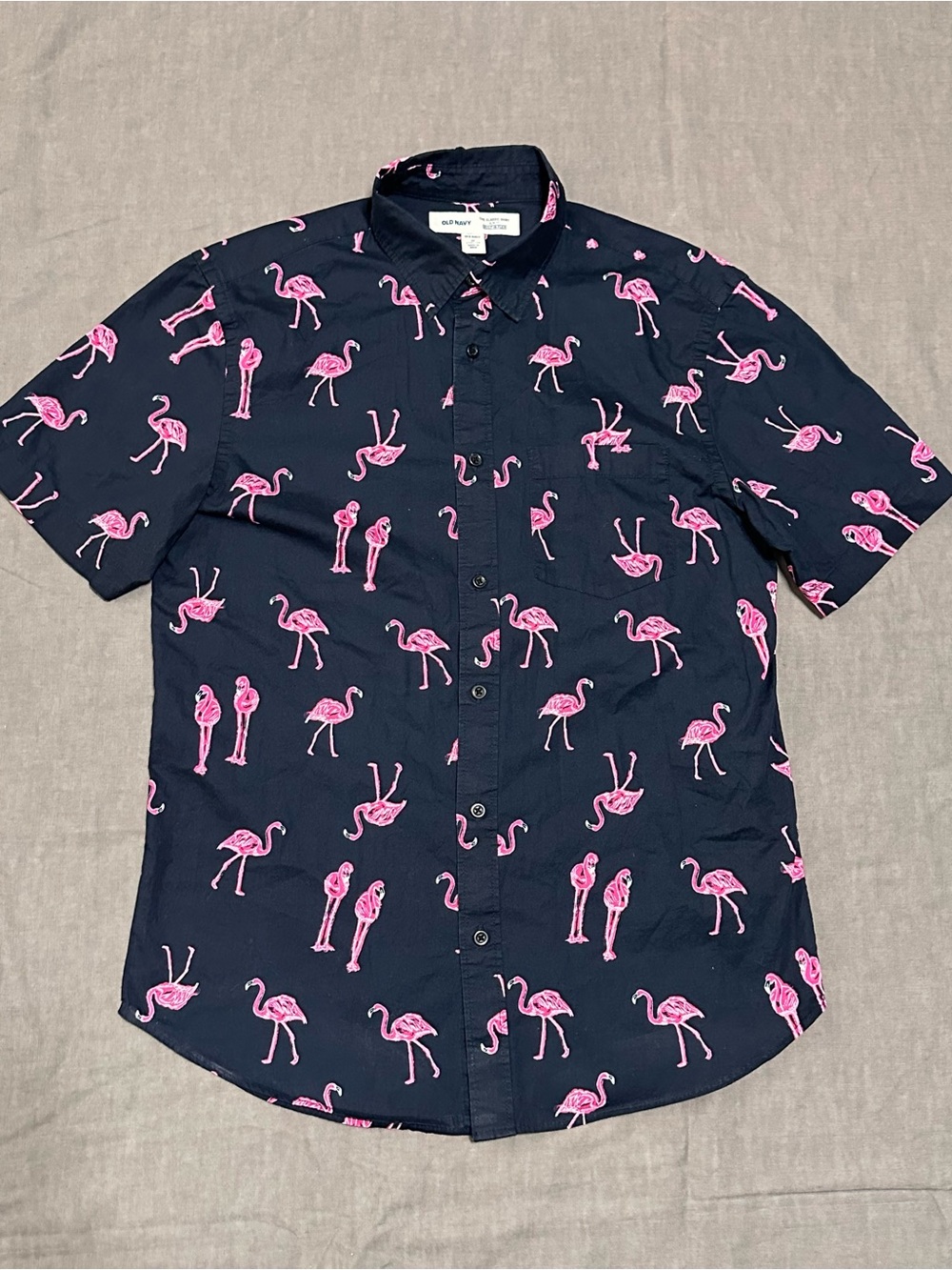 Old Navy Navy Short-Sleeve Button-Up Shirt with Pink Flamingo Print
